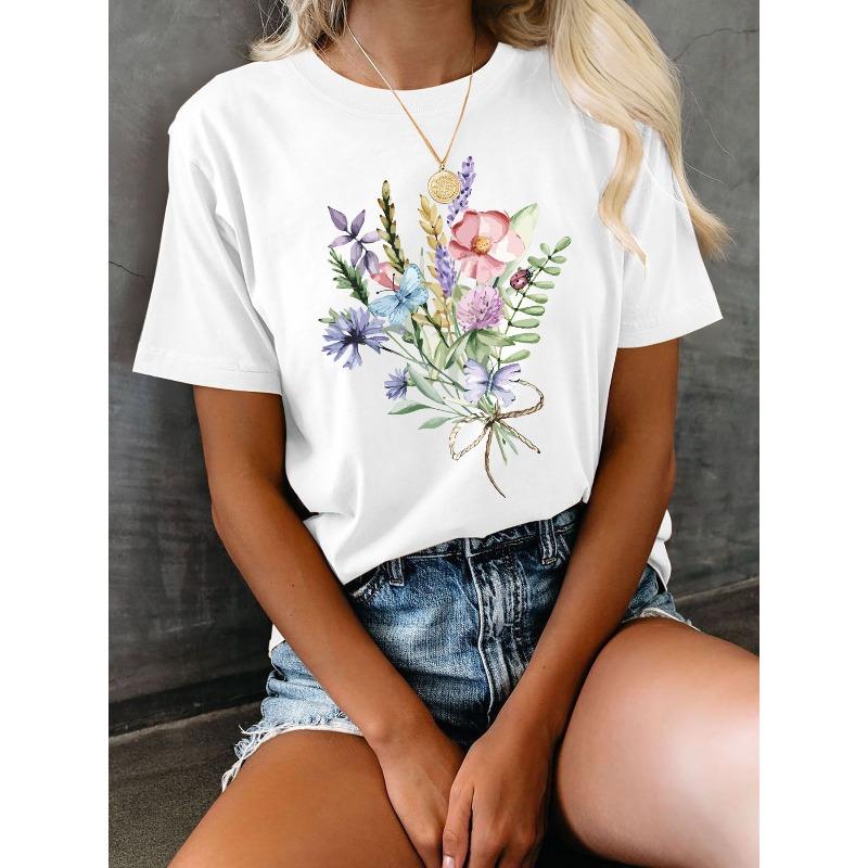 Womens Floral Print Tee Round Neck Short Sleeve Casual Everyday Top