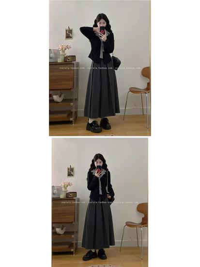 Stylish Korean Plus Size Autumn Set: Faux Two-Piece Top & Pleated Skirt - Age-Defying Fashion for Women
