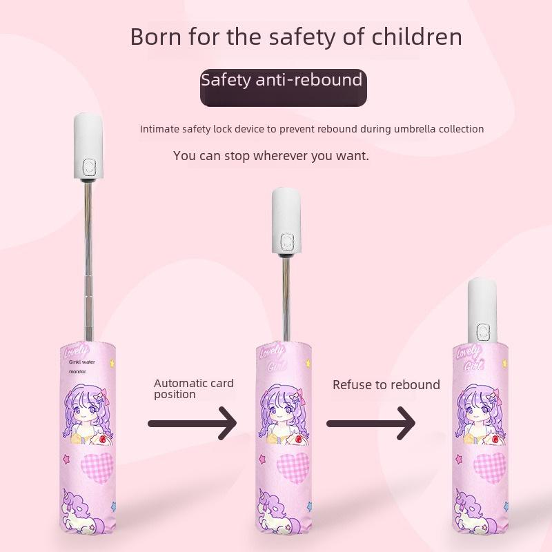Children's Fully Automatic Cartoon Umbrella with Anti-Rebound, Reflective Strip for Sun and Rain