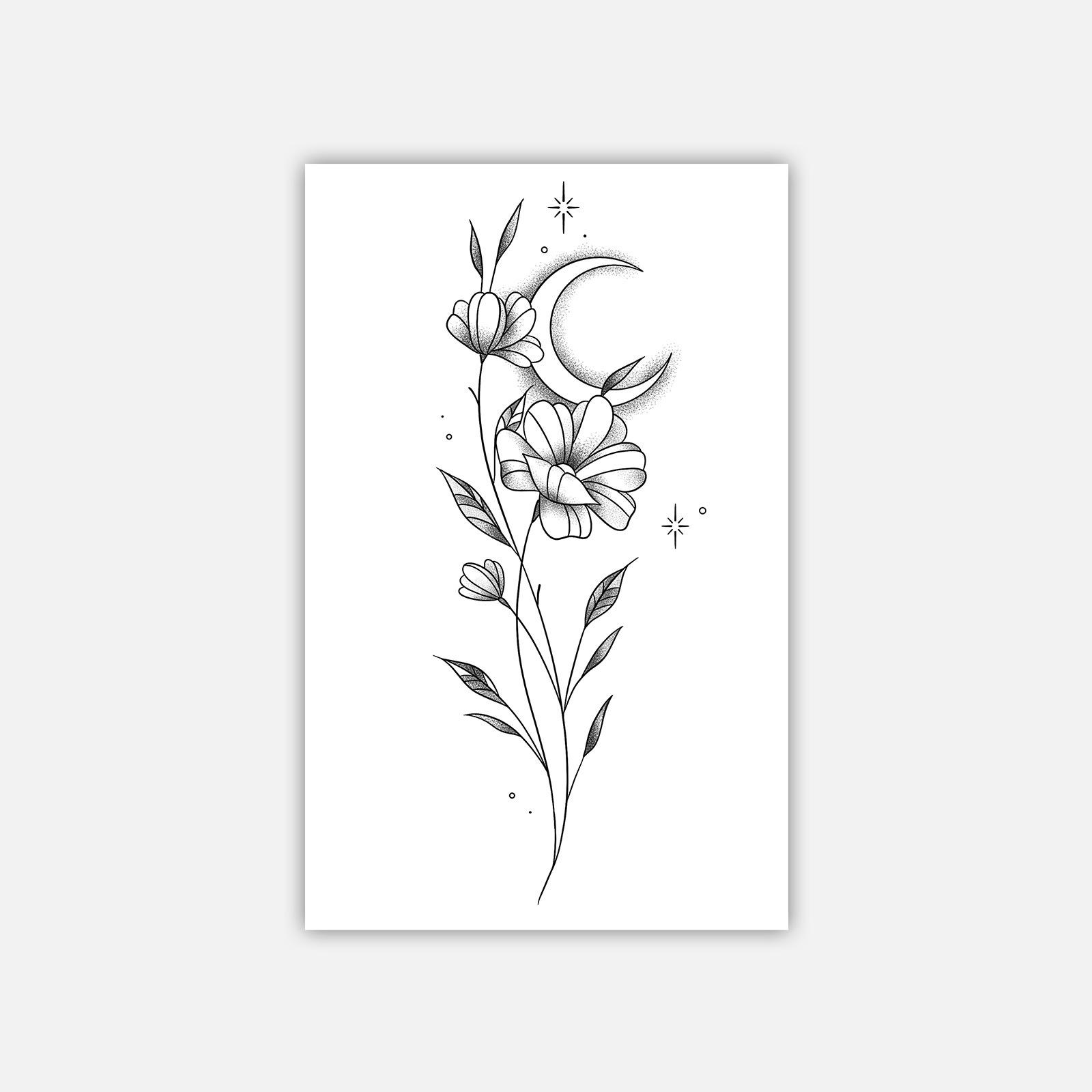 Retro Personality Simple Moon Wicker Plain Flower Back Tattoo Sticker 12*19CM