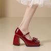 Fashion Women Pumps Platform High Heels Wedding Shoes Patent Leather Red Mary Jane Shoes Bow Buckle Strap Square Toe Chunky Heeled Shoe