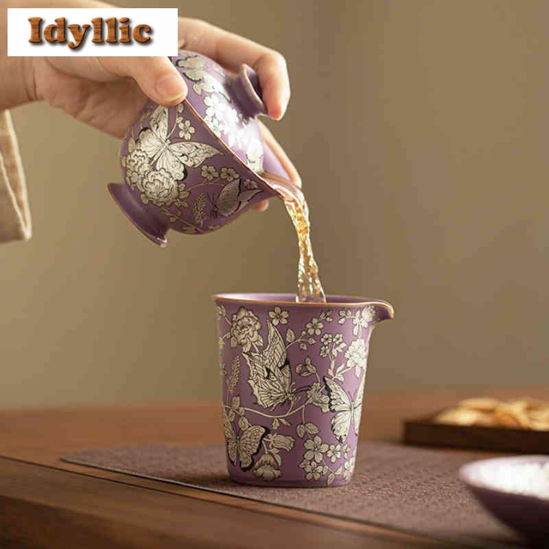 120ml Ru Kiln Gilt Silver Butterfly Gaiwan Ancient Tea Tureen Tea Bowl With Lid Kit Tea Making Cover Bowl Teaware Decoration