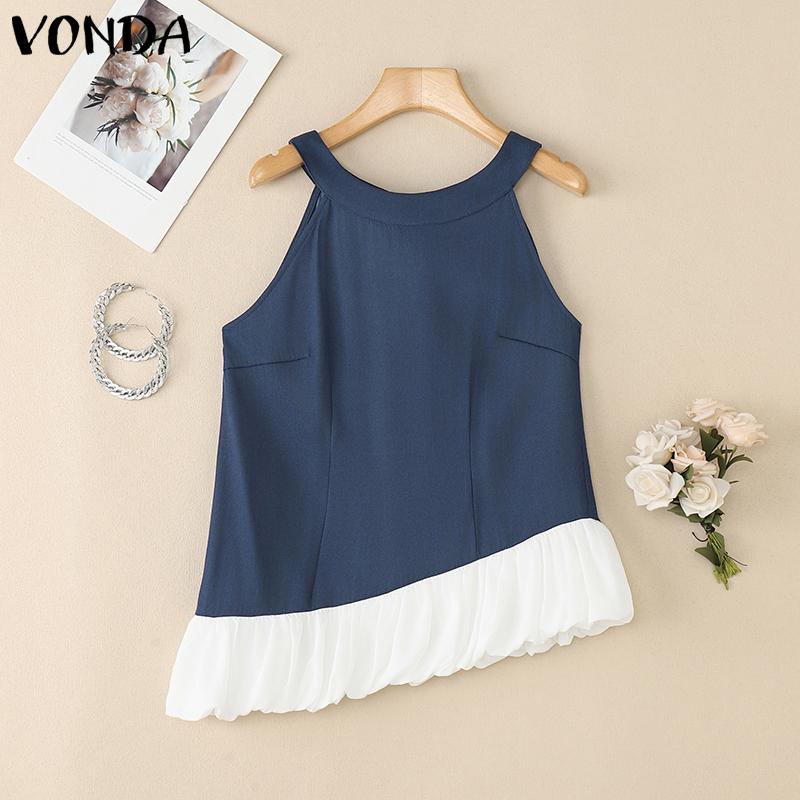 

VONDA Women Sleeveless Irregular Patchwork Back Knot Ruffled Tank Tops 4XL темно-синий
