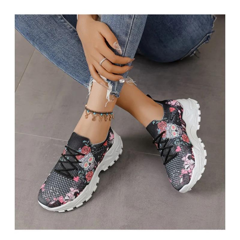 Dames fritidsvevd nettstoff blomsterknyttede sports komfortable og pustende løpesko