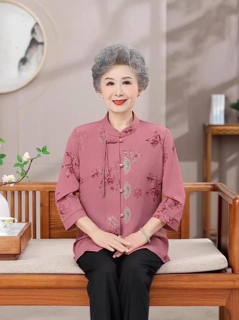 Mom's Spring & Autumn 2026 Chiffon Seven-Sleeve Shirt - New Chinese Style for Middle-Aged & Elderly Women