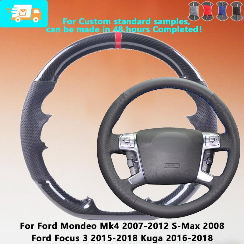 Maßgeschneiderte Carbonfaser-Leder-Lenkradabdeckung für Ford Mondeo Mk4 2007-2012 S-Max 2008 Ford Focus 3 Kuga Wildleder