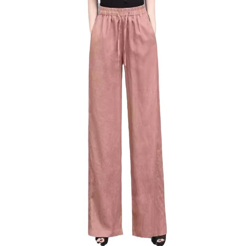 Nové dámské bavlněno-lněné ležérní kalhoty se širokými nohavicemi v čínském stylu - Elastický pas, volný střih plus size, tenké kalhoty s rovnými nohavicemi na léto