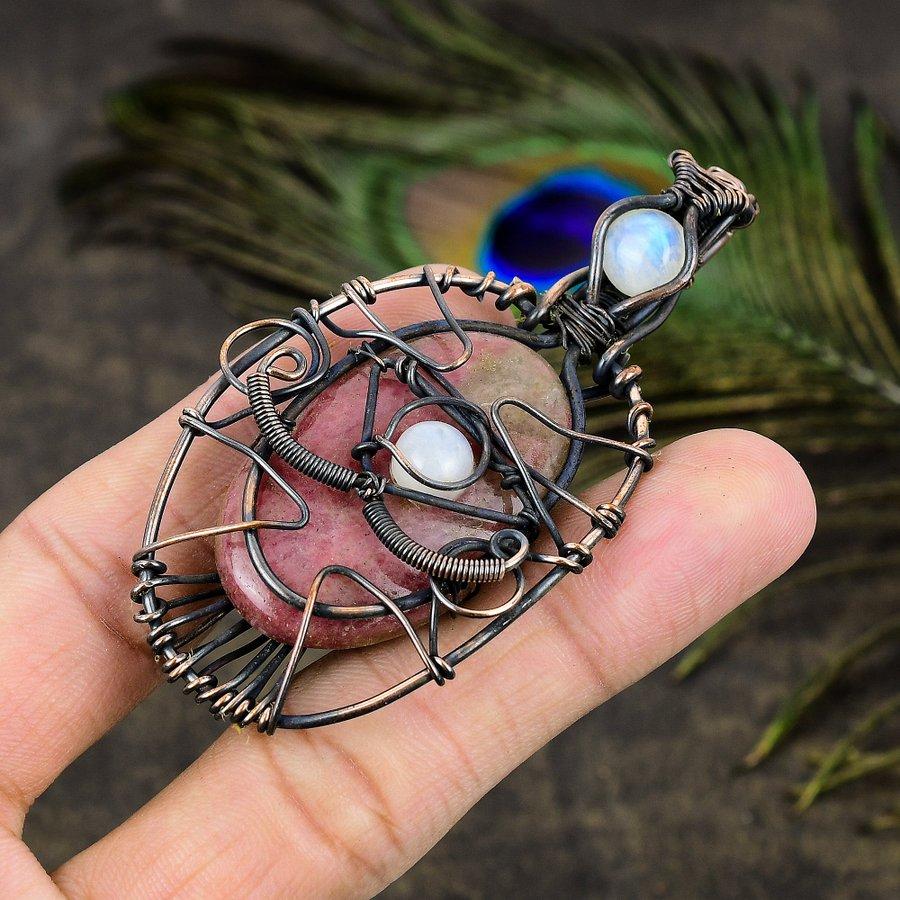 Rhodonite, Moonstone Gemstone Copper Wire Wrap Jewelry Pendant 3.15"