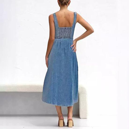 Denim Dress for Women Summer Casual Sleeveless Midi Dress with Pockets Button Down A-Line