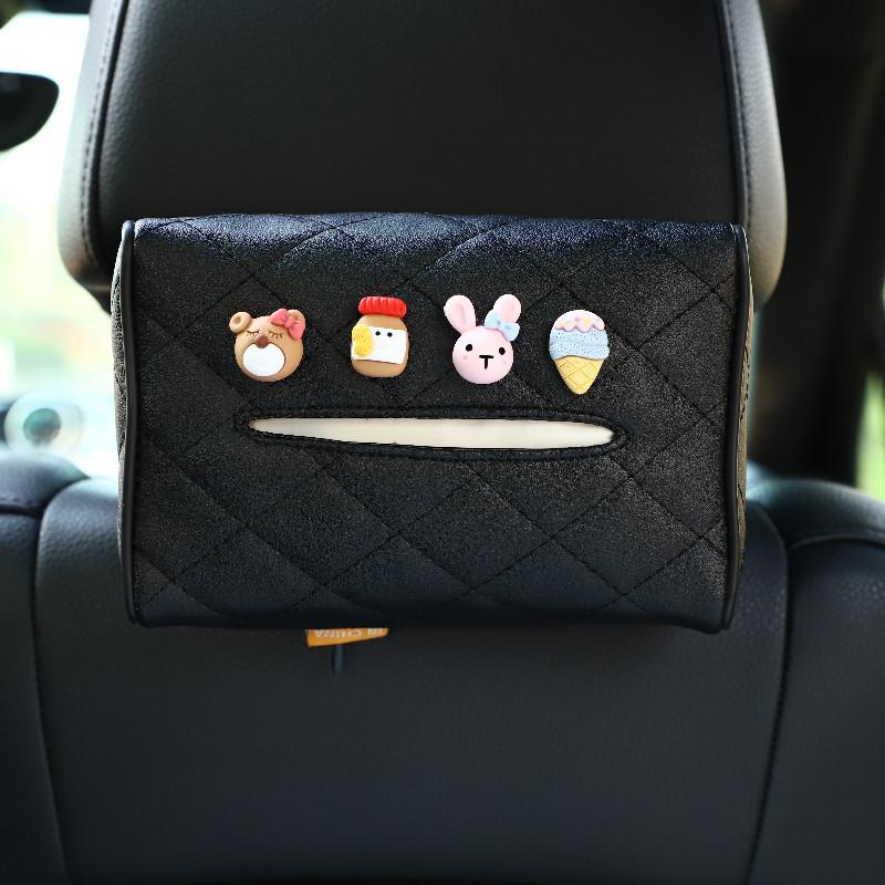 Leather Car Tissue Box Cartoon Cute Car Seat Back Hanging Drawout Box Multifunctional Armrest Box