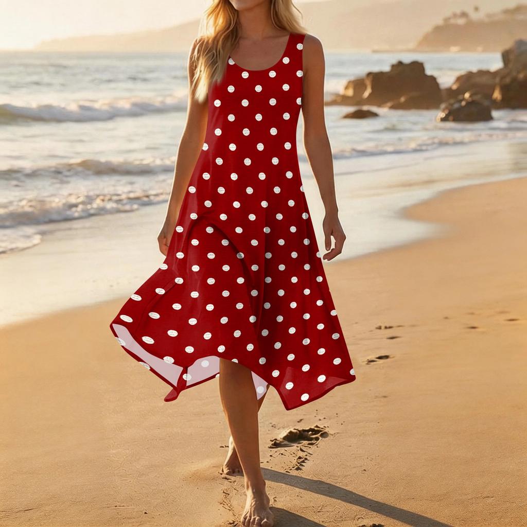 Women Sleeveless Polka Dot Print Midi Dress Crew Neck Casual Loose Fit Asymmetrical Hem Lightweight Sundress