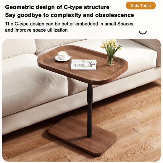 Tea Table C Shaped End Table, Adjustable Height Side for Couch, Night Stand with Bedside 2-Tier Storage Shelf, Living Room and Bedroom (Brown)