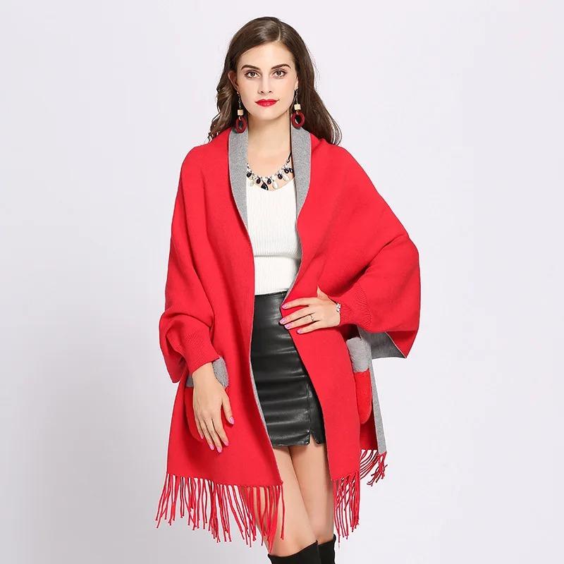 Winter Faux Cashmere Poncho Loose Streetwear Women Batwing Sleeve Shawl Capes Fur Pocket Female Oversize Tassel Knitted Cloak