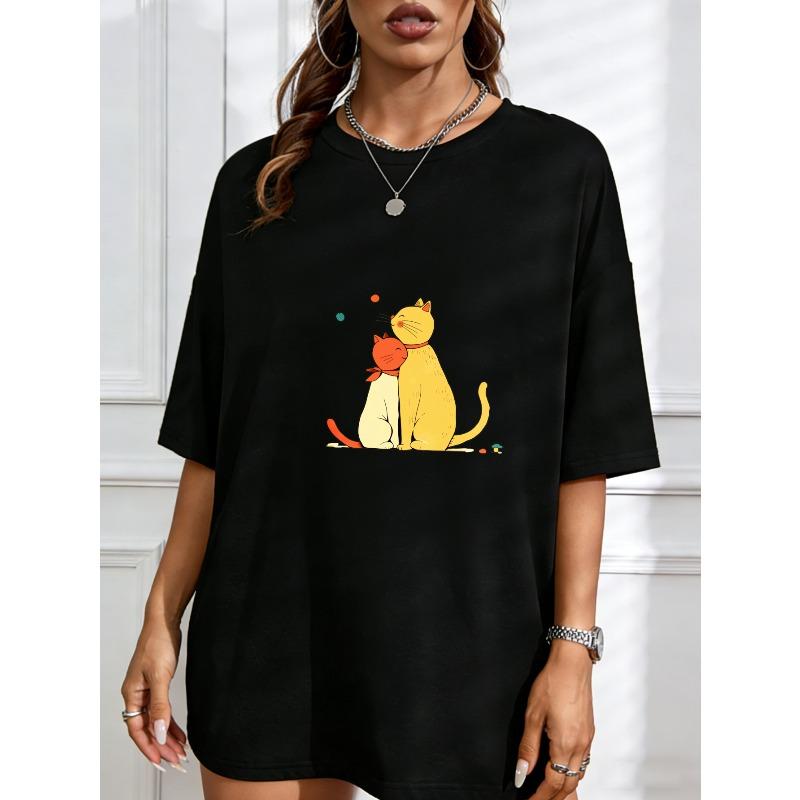 Niedliches Katzenpaar Bedrucktes T-Shirt Weiß Cartoon Katzen Design Für Freizeitkleidung Und Alltagsoutfits