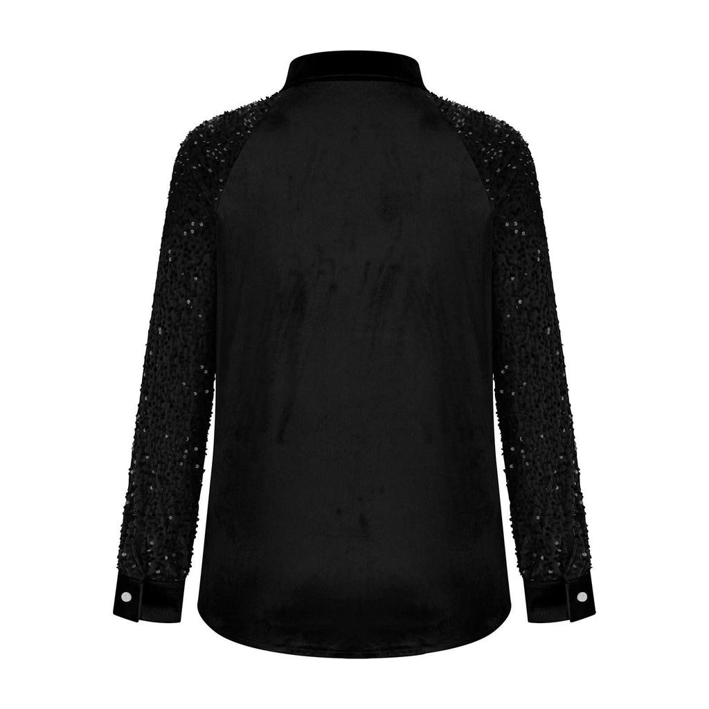 Haut Européen en Velours pour Femme avec Patchwork Manches à Sequins, Collection 2025