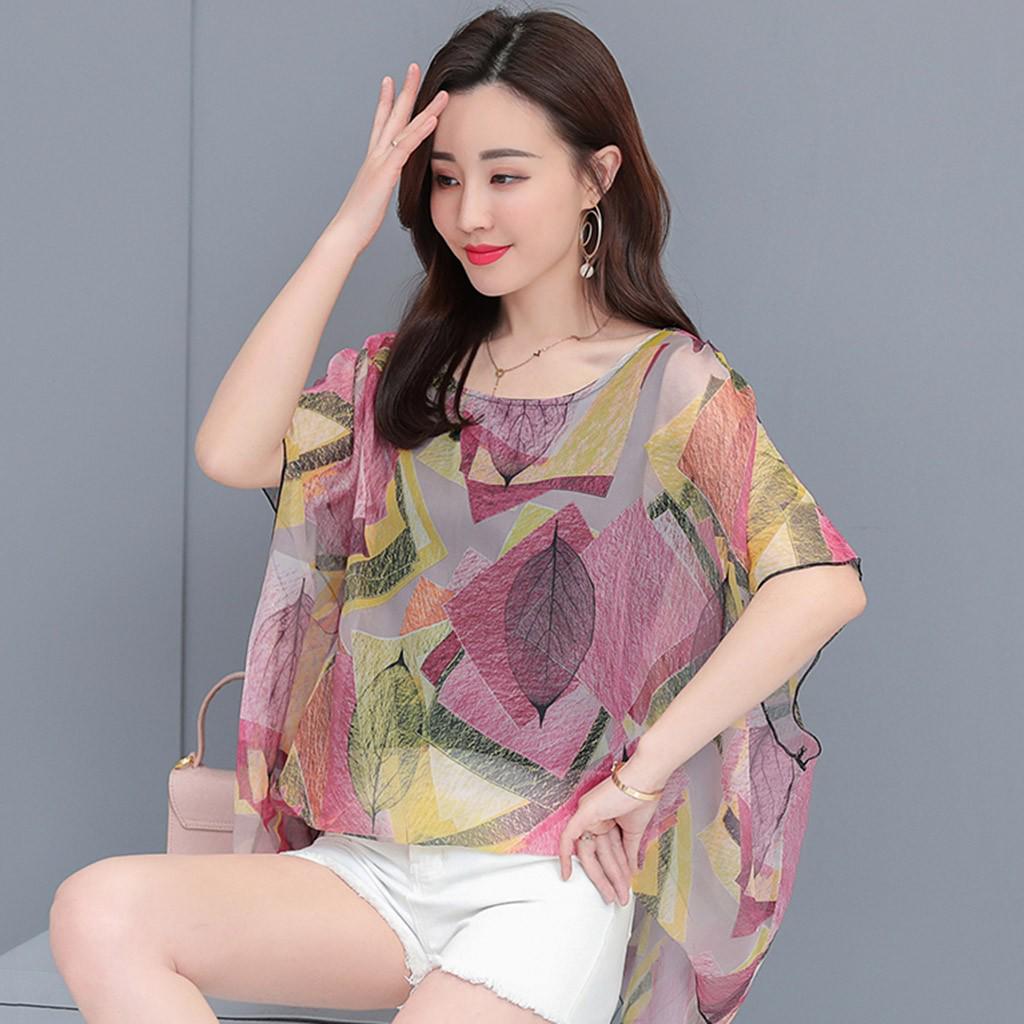 Women's  Printing Chiffon Blouse Summer  Short Sleeve  Shirt