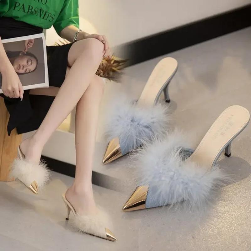 Fashion Summer Women Pump Feather Heels Fashion Simple Wind Mule Slippers Women's Slide Stiletto Heels Shoes for Women  Heels