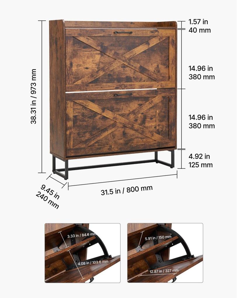 Shoe Cabinet with 2 Flip Drawers, Farmhouse Shoes Storage Cabinet with Metal Legs and Anti-Tipping Device, Freestanding Shoe Organizer Ideal for