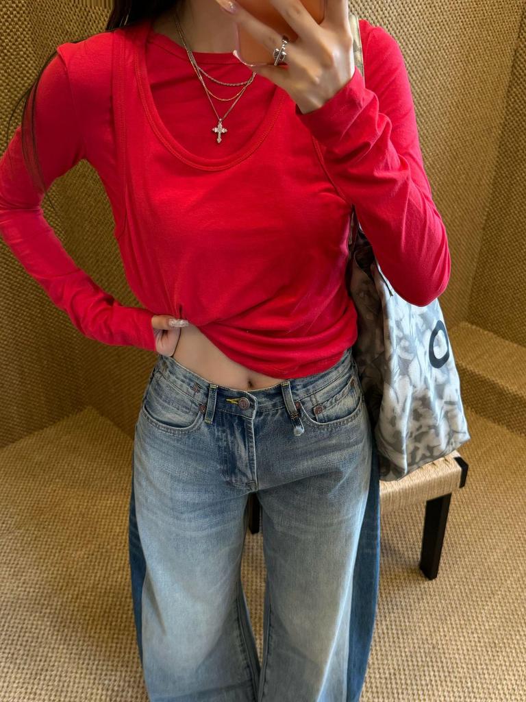 Nanyou T Row Wind Pure Cotton Layered Tank & Long Sleeve Set - Skin-Friendly, Versatile, Round Neck Women's Top