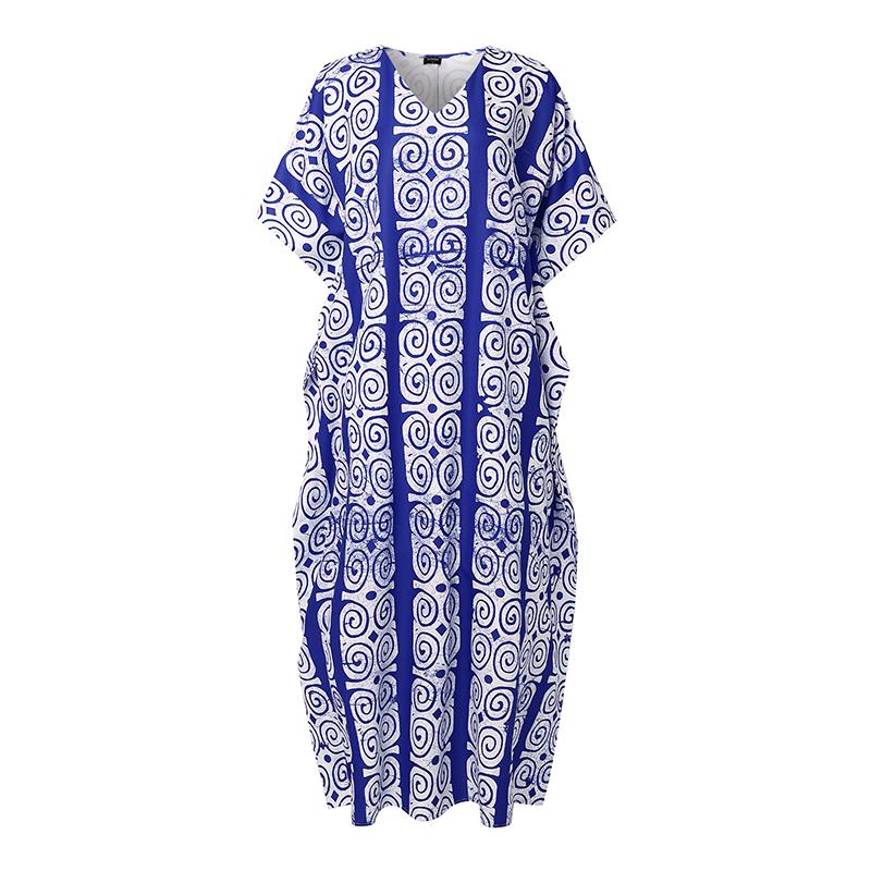 Summer Women Short Sleeve Striped Print Casual Loose Oversized Long  Maxi Robe Dress