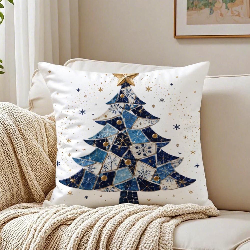 Blue Stars Pine Christmas Tree Cushion Cover Organic Short Plush Pillow Case Machine Washable Wrinkle-Resistant Soft Durable