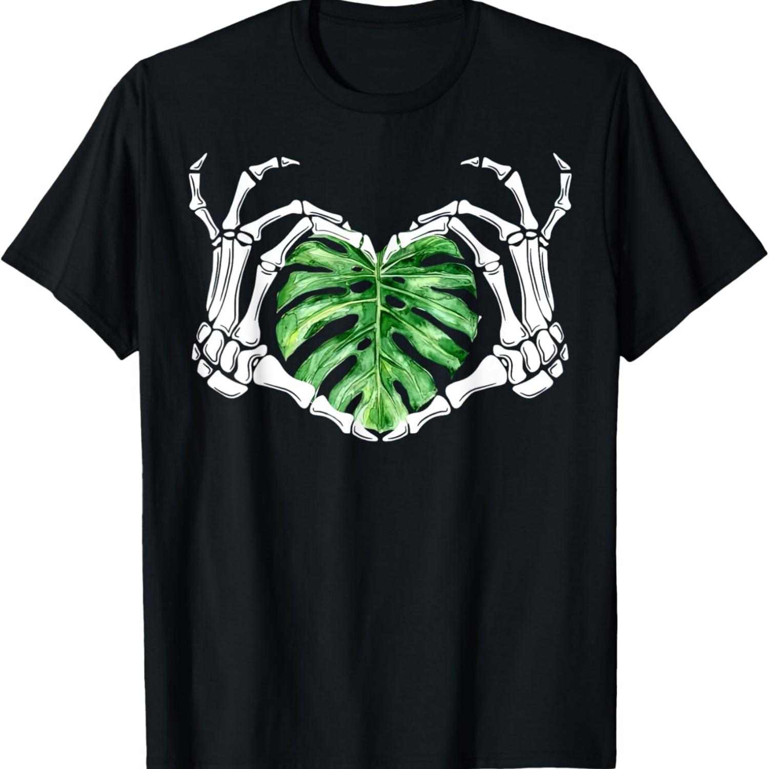Skeleton Hands Heart Monstera Houseplant Botanical Gardening T-Shirt S чёрный