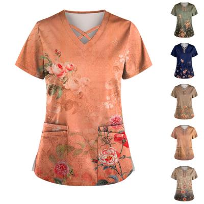 Damenmode V-Ausschnitt Kreuz Retro bedruckte Uniform mit Taschen-T-Shirt Kurzarm-Oberteil