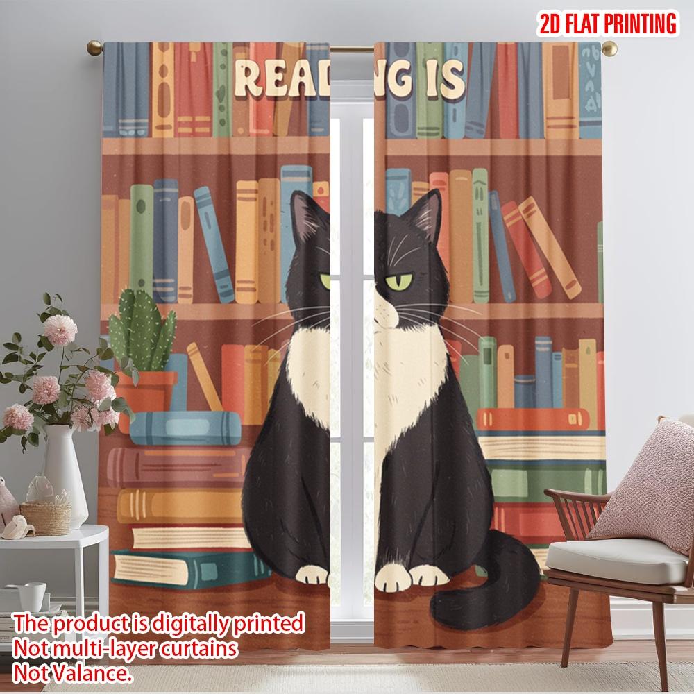 

2pcs 2D flat printing Scene Curtain Reading Books Cat Polyester Without Electricity 0 Perfect for Indoor Celebrations Room 52.50×116.00 CM 2pcs