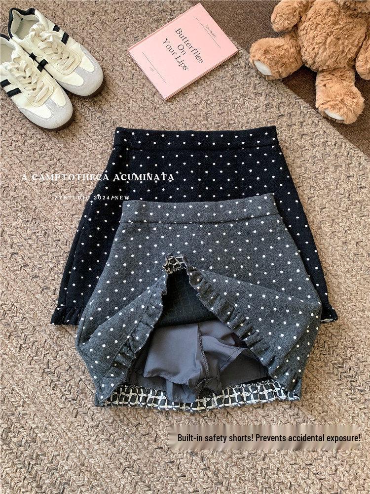 Gray Woolen Polka Dot A-line Short Skirt for Women - Winter 2026 Style