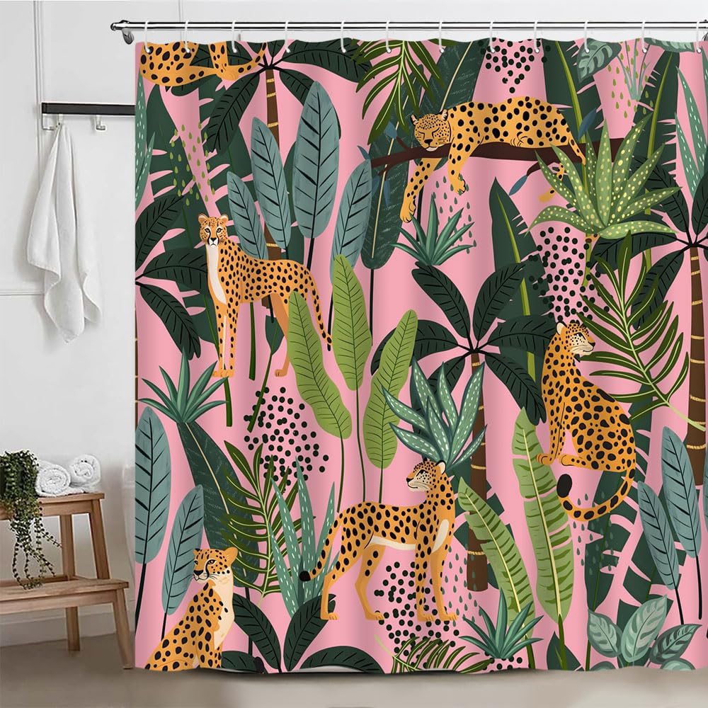 Leopard Shower Curtain Pink Wildlife Animal Leopard Asian Cheetah Tiger Tropical Palm Leaf Jungle Rainforest Plant Modern Boho P