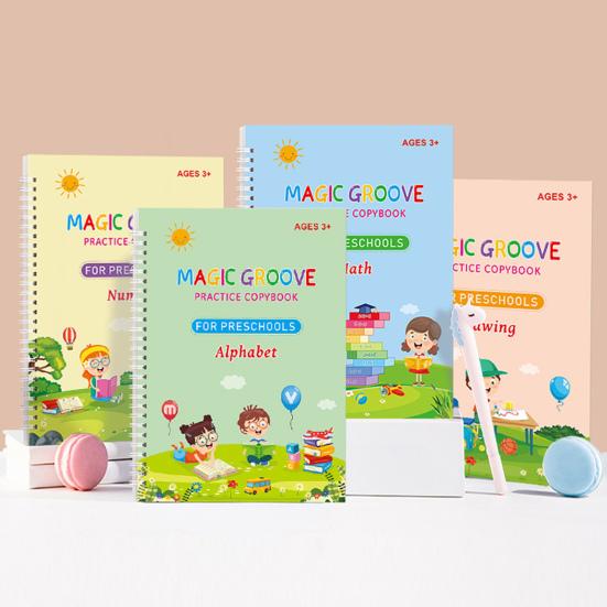 4Pcs Grooved Writing Practice Book with Pens Refills Pencil Gripper Reusable Kids Handwriting Practice Workbooks Alphabet Tracing Learning Book
