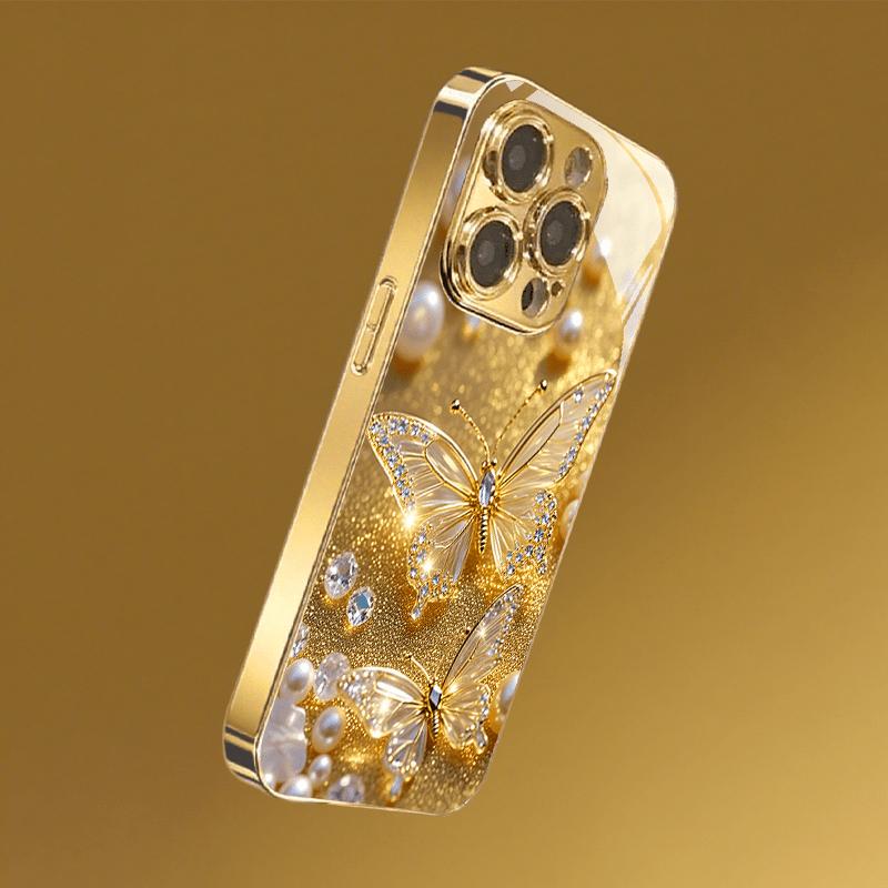 Diamond Gold Butterfly Glass Tempered Phone Case Suitable for iPhone 17 16 15 14 13 12 11 Pro/Max/Plus Anti Drop and Shockproof