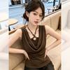 Summer Fake Two-piece Neck-hanging Shoulder Coffee-colored T-shirt for Women's Unique and Chic Temperament Waist and Thin Top A