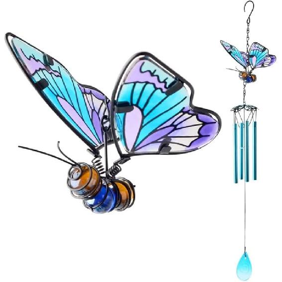 Butterfly Wind Chimes, AVEKI 27.5  H Iron Stained Glass Butterfly Wind Chimes Gifts for Mom Outdoor/Indoor Wind Chimes for Home, Garden, Window,