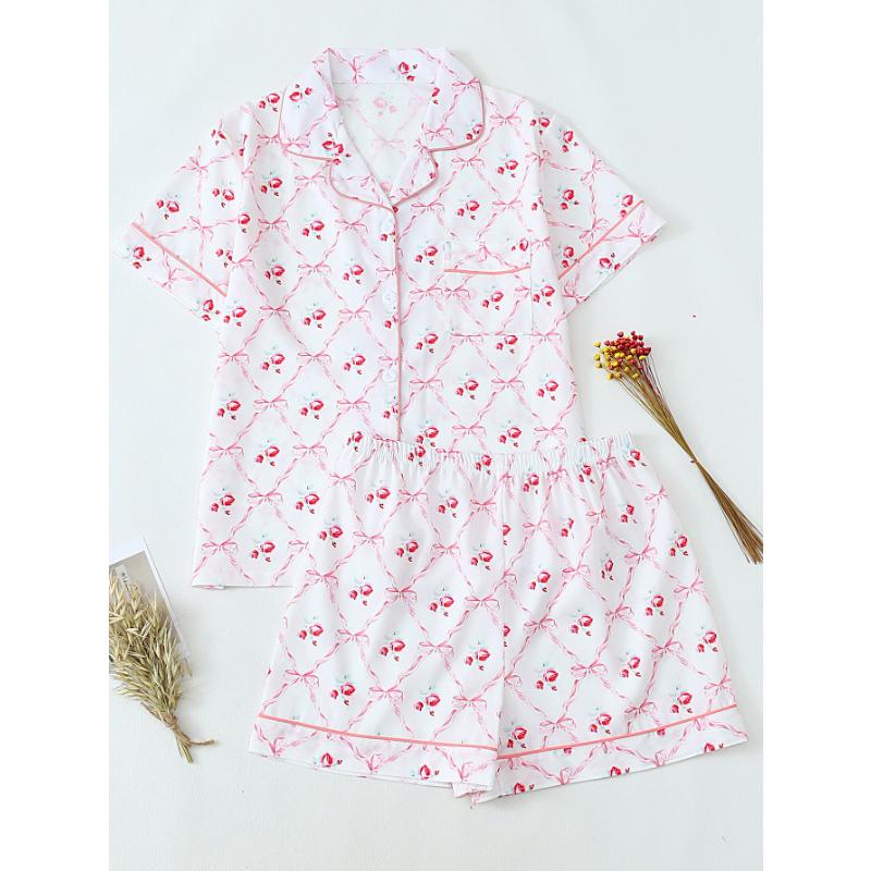 Summer Women Short Sleeve Top and Shorts 2 Piece Set Pajamas Female Fashion Casual Loose Sleepwear Bow Print Cardigan Pyamas Set