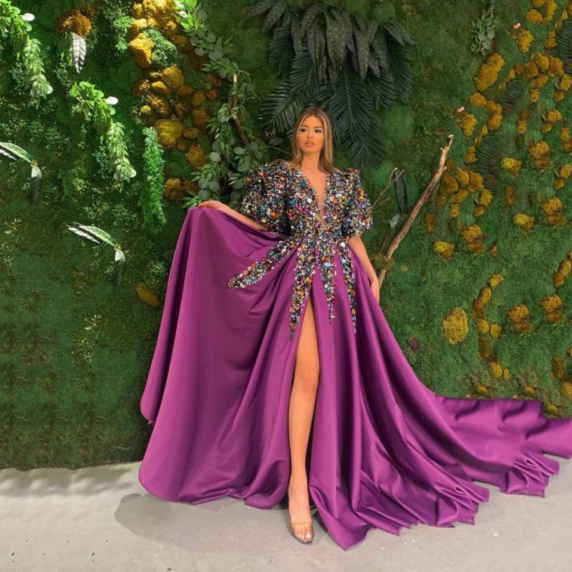 2025 Spring European & American Women's Floral Sequined V-neck Evening Gown