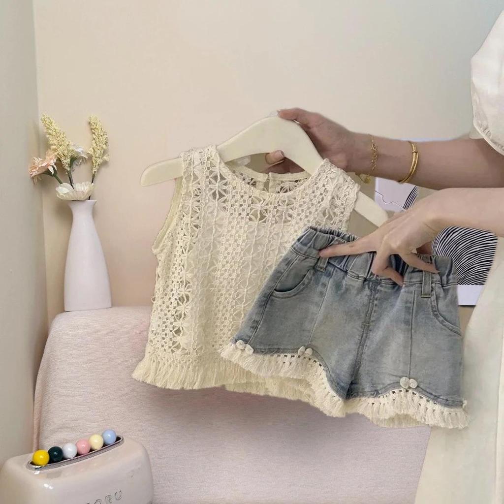 2024 Girls' Summer Korean-Style Two-Piece: Hollow Vest Top & Denim Shorts
