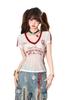 American College V-Neck Lace Embroidered Slimming T-Shirt - Women's Summer Short Sleeve Versatile Top