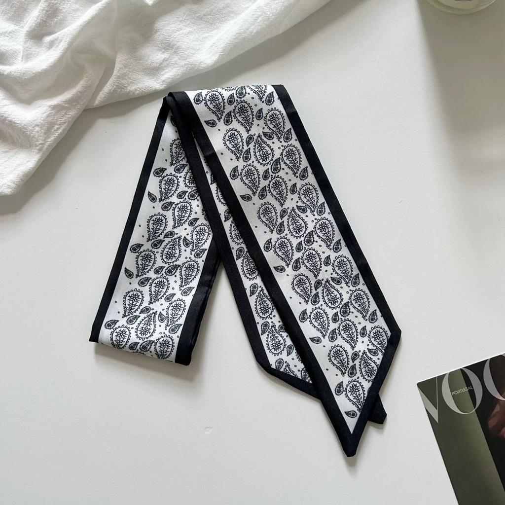 Black Cashew Flower Long Strip Thin Silk Scarf Women'S Korean Diagonal Scarf High-End Temperament Waist Accessories