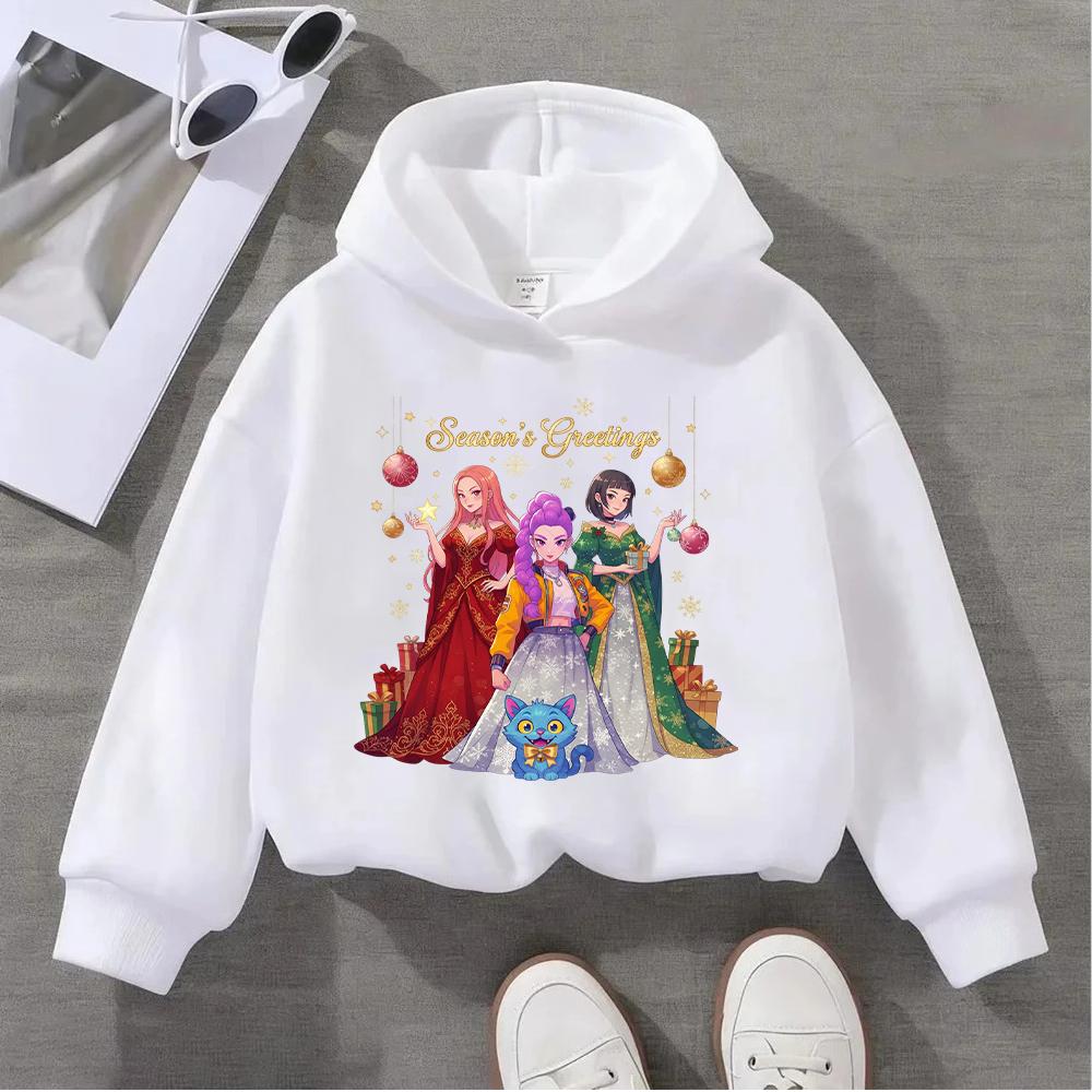 Festive Christmas Kids Hoodie with Adorable Anime Girls and Cute Cat Design for Season's Greetings