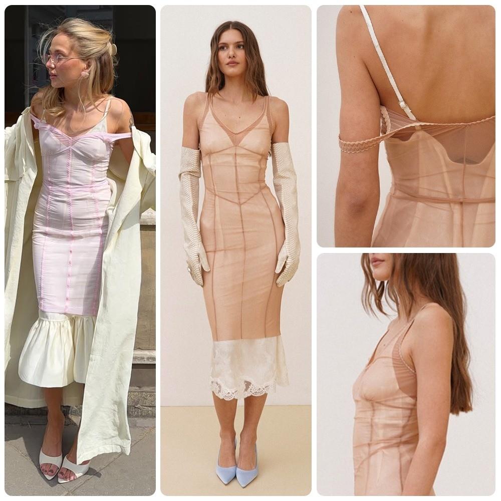 Lace Trim Mesh Cover Up Dress Sleeveless Slip Smock Sexy Sling Dress  Party Vacation