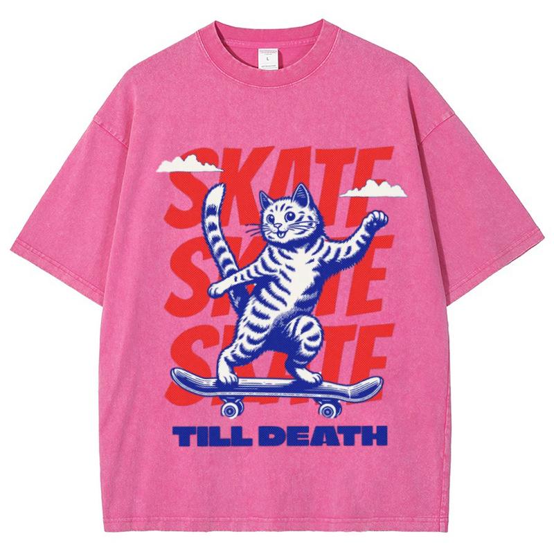 

Женская футболка с принтом скейтборда с кошкой, милая повседневная, стирка в стиле фэн-шуй, потертая, свободного кроя, с коротким рукавом, американский ретро-дизайн 3XL