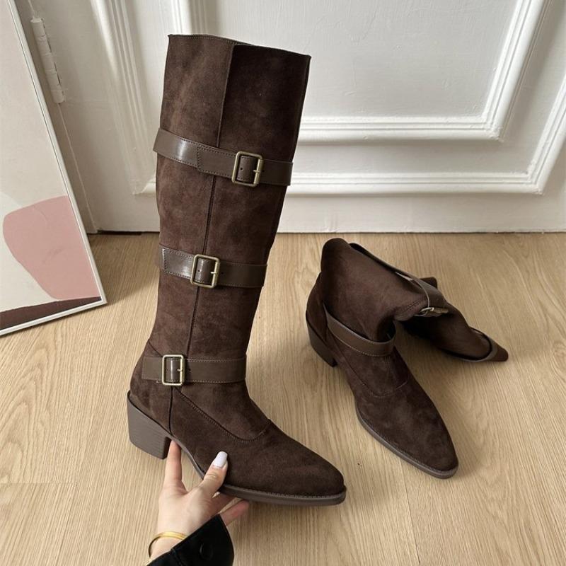 Sleeve Boots Autumn and Winter New Round Toe Suede Buckle Soft Sole Non-slip Wear-resistant Block Heel Shoes