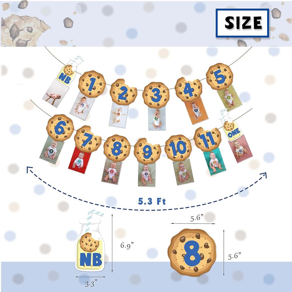 Cookies Milk Monthly Photo Banner, Cookies and Monster Theme Baby 12 Month Photo Prop Monthly Milestone Bunting Garland 1st Birthday Party Decoration