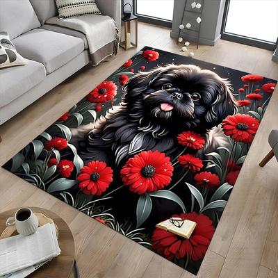 1PC Dog Flowers Non-Slip Floor Carpet Compatible for Office&Living Room&Bedroom&Dining Room - Flat-Weave Machine-W317