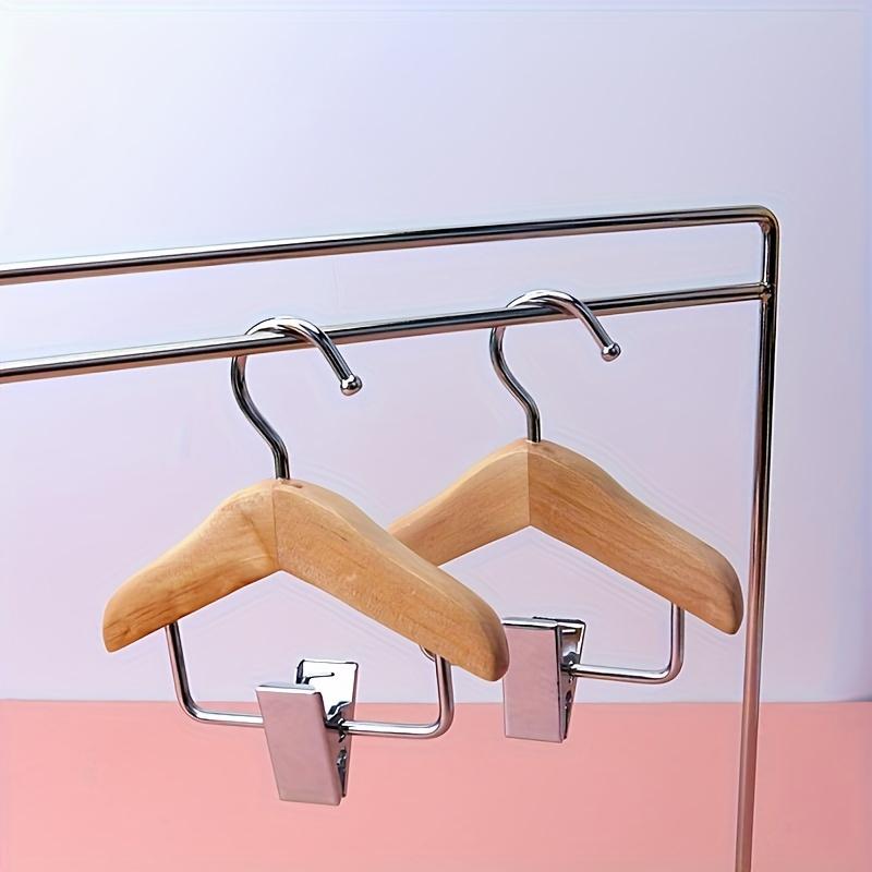 3PCS Mini Wooden Clothes Hangers with Stainless Steel Clips - Pet Apparel & Accessories Hanging Storage Rack, Polished Finish, Space-Saving Design