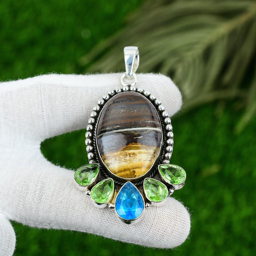 Natural Iron Tiger Eye Gemstone Pendant 925 Sterling Silver Indian Jewelry