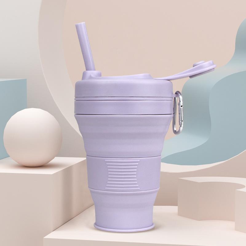 Nueva Taza Plegable de Gel de Sílice Taza de Café Plegable con Pajita Mosquetón con Botón de Escalada