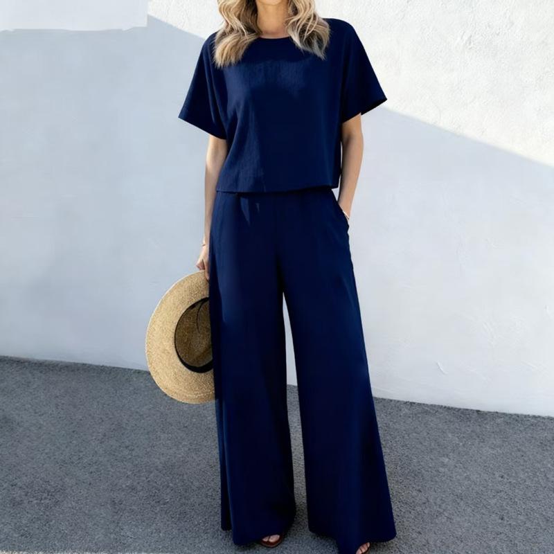 Women's Loose Fit Two Piece Pants Set Short Sleeve Crop Top Elastic Waist Wide Leg Pants Linen Blend Solid Casual Tracksuit 2026 Summer