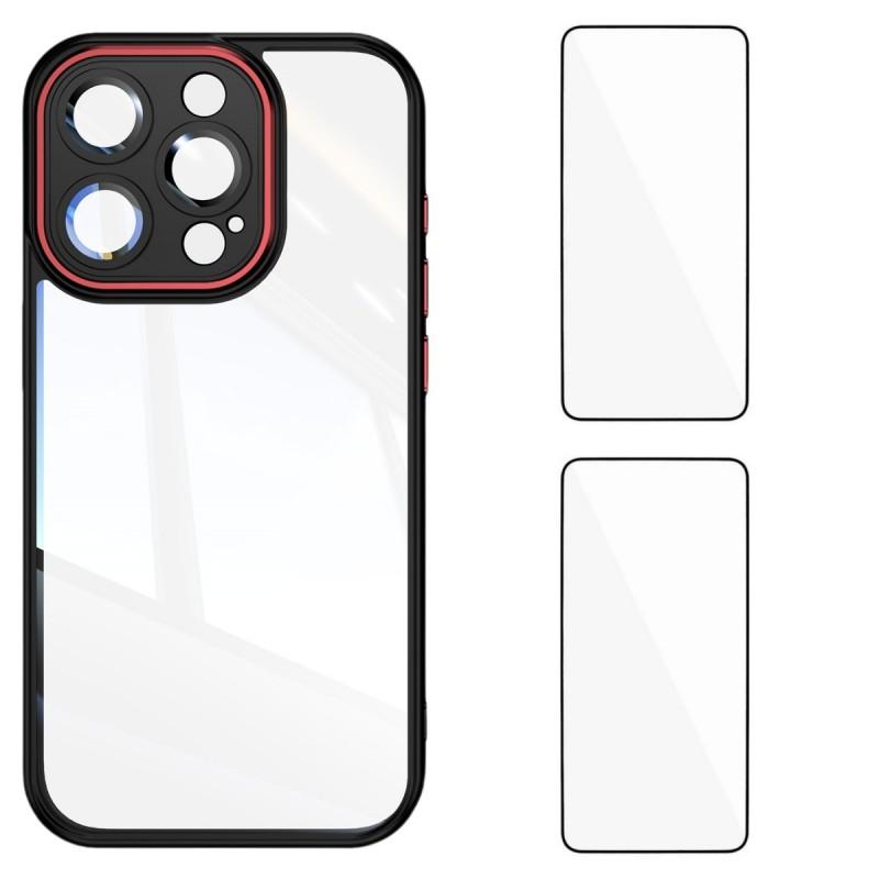 

For iPhone 14 Pro Max TPU Case WANLONFENG Drop-proof Clear Phone Cover with 2Pcs Tempered Glass Film Black Red